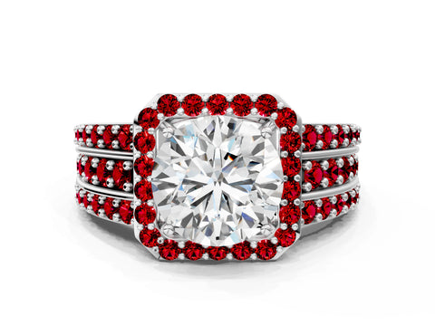 White gold Round Cut Halo Diamond Ring with Round with Ruby side stone Split Shank and Prong Setting_24
