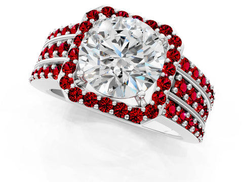 White gold Round Cut Halo Diamond Ring with Round with Ruby side stone Split Shank and Prong Setting_25