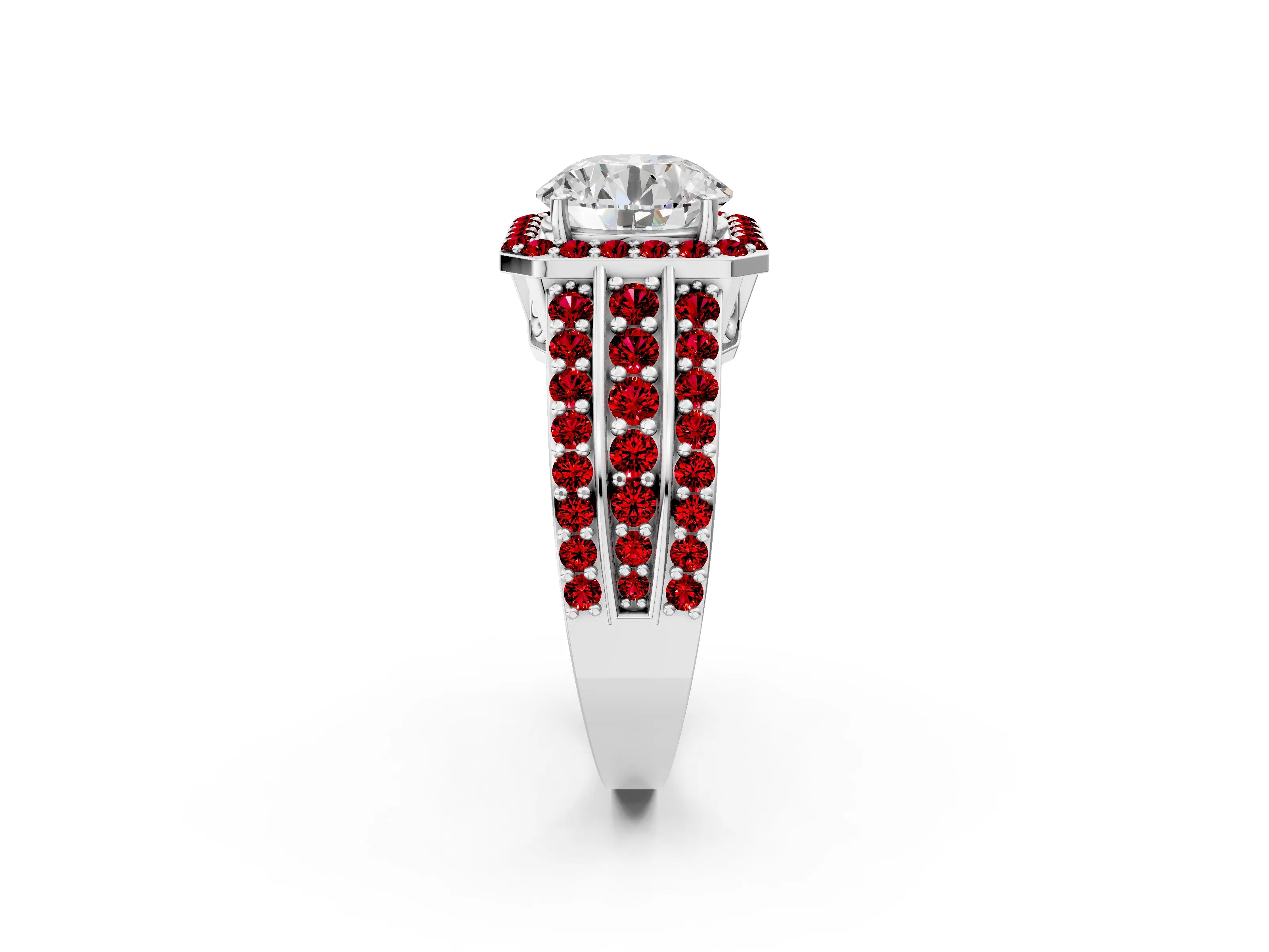 White gold Round Cut Halo Diamond Ring with Round with Ruby side stone Split Shank and Prong Setting_26