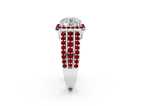 White gold Round Cut Halo Diamond Ring with Round with Ruby side stone Split Shank and Prong Setting_26