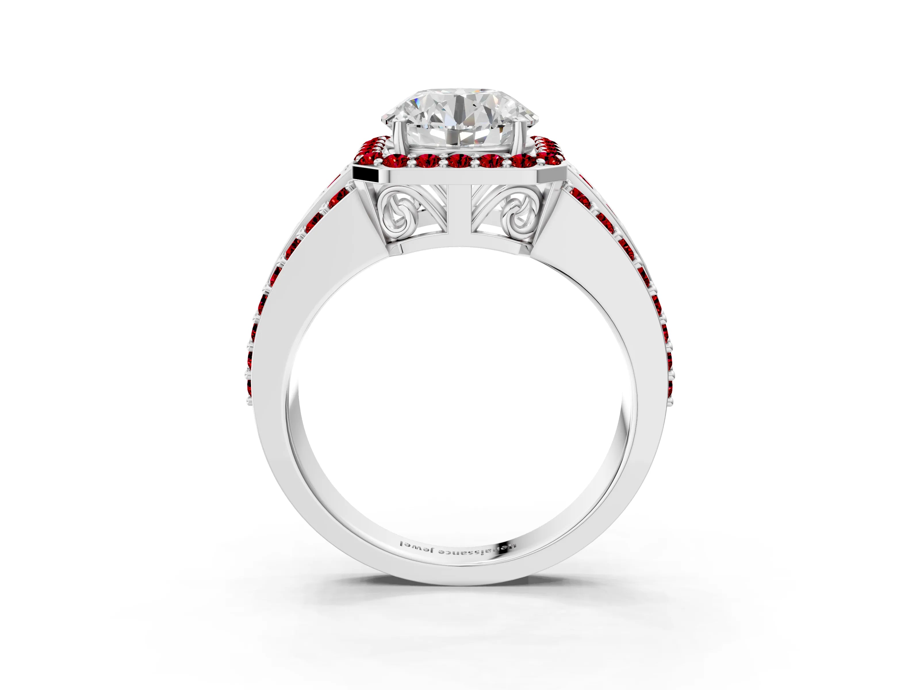 White gold Round Cut Halo Diamond Ring with Round with Ruby side stone Split Shank and Prong Setting_27