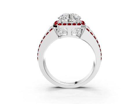 White gold Round Cut Halo Diamond Ring with Round with Ruby side stone Split Shank and Prong Setting_27