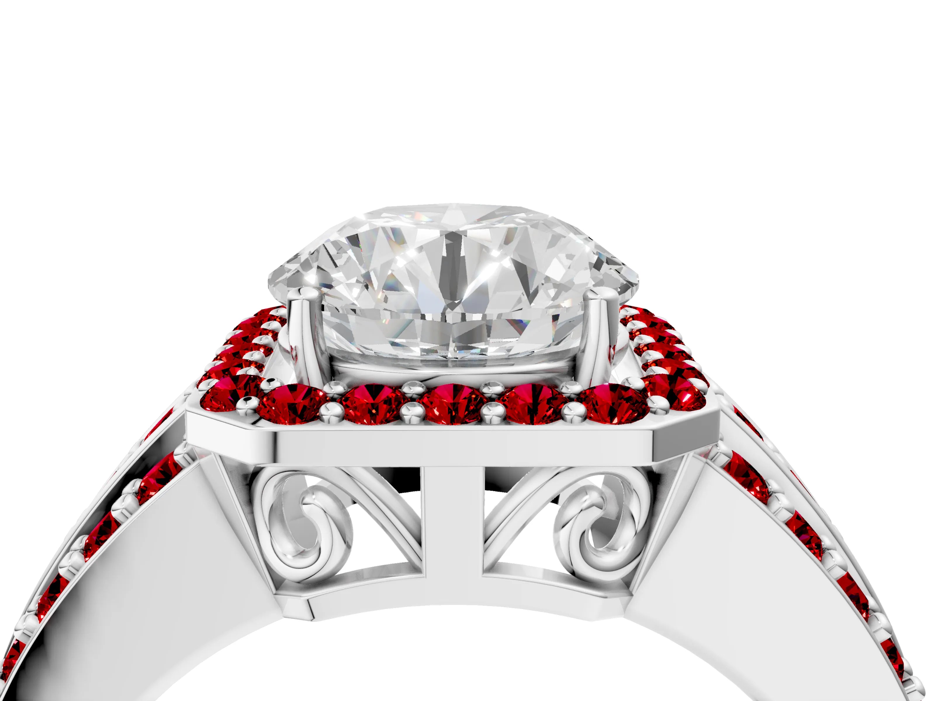 White gold Round Cut Halo Diamond Ring with Round with Ruby side stone Split Shank and Prong Setting_28