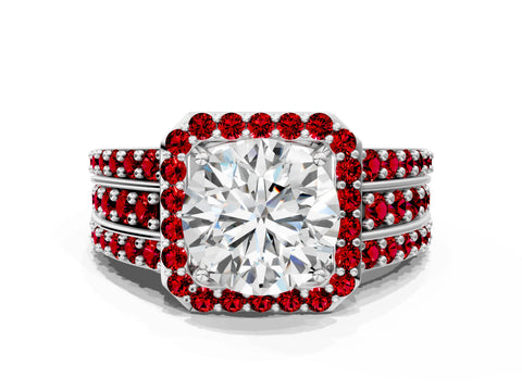 White gold Round Cut Halo Diamond Ring with Round with Ruby side stone Split Shank and Prong Setting_312