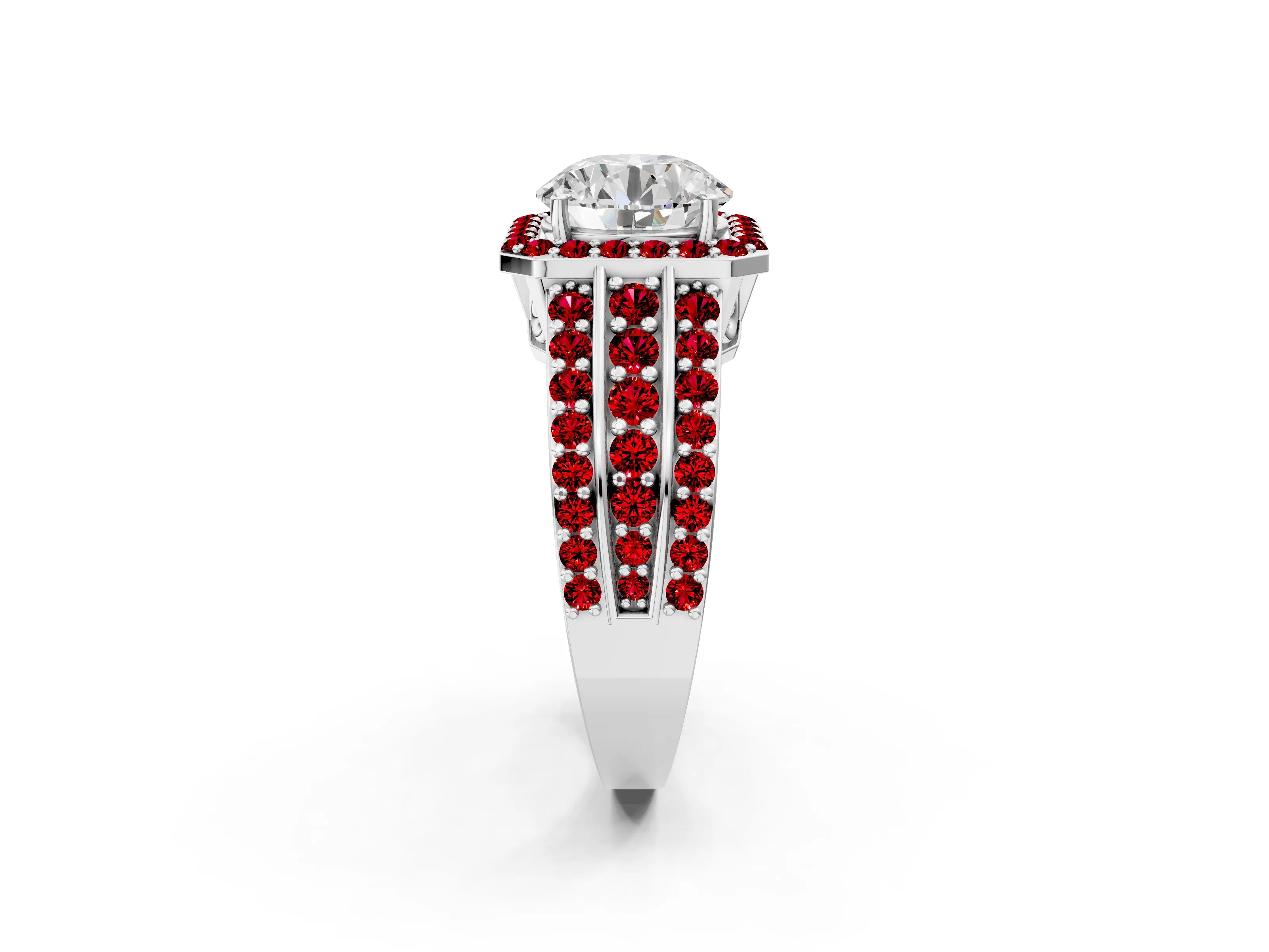 White gold Round Cut Halo Diamond Ring with Round with Ruby side stone Split Shank and Prong Setting_314