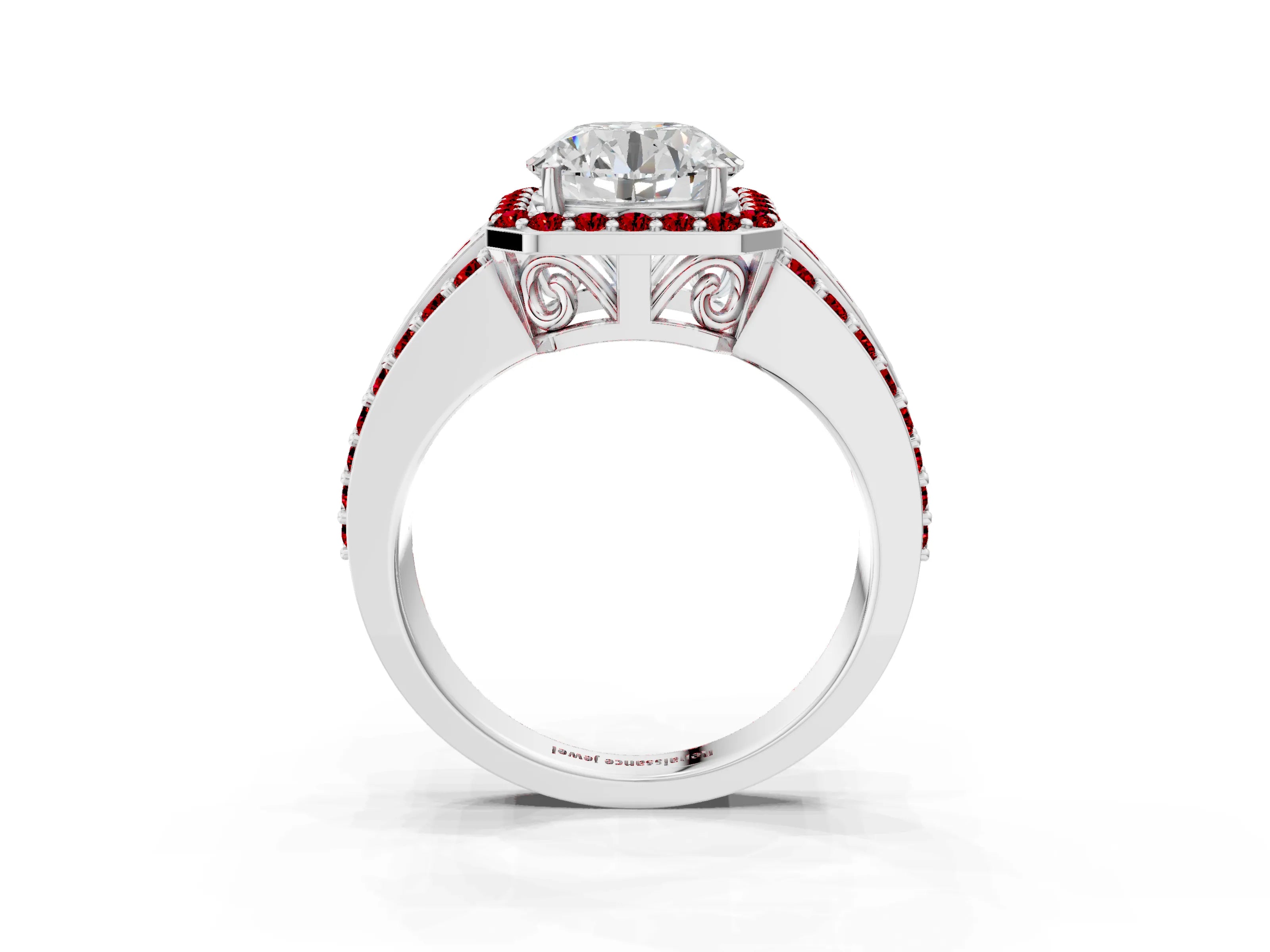 White gold Round Cut Halo Diamond Ring with Round with Ruby side stone Split Shank and Prong Setting_315