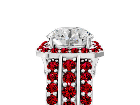 White gold Round Cut Halo Diamond Ring with Round with Ruby side stone Split Shank and Prong Setting_317