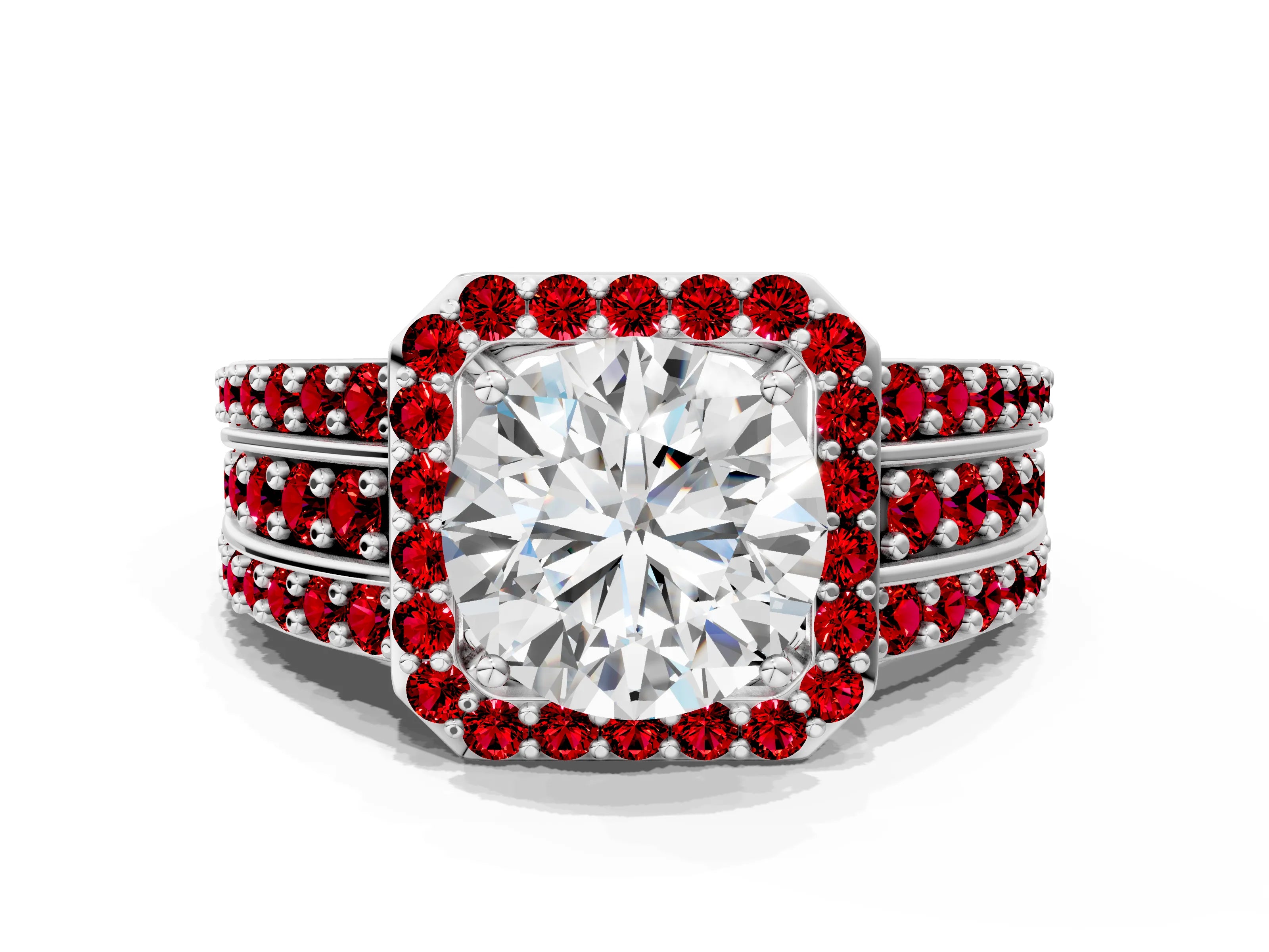 White gold Round Cut Halo Diamond Ring with Round with Ruby side stone Split Shank and Prong Setting_319