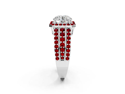 White gold Round Cut Halo Diamond Ring with Round with Ruby side stone Split Shank and Prong Setting_321