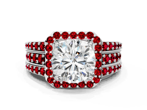 White gold Round Cut Halo Diamond Ring with Round with Ruby side stone Split Shank and Prong Setting_6