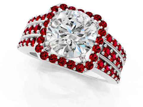 White gold Round Cut Halo Diamond Ring with Round with Ruby side stone Split Shank and Prong Setting_7