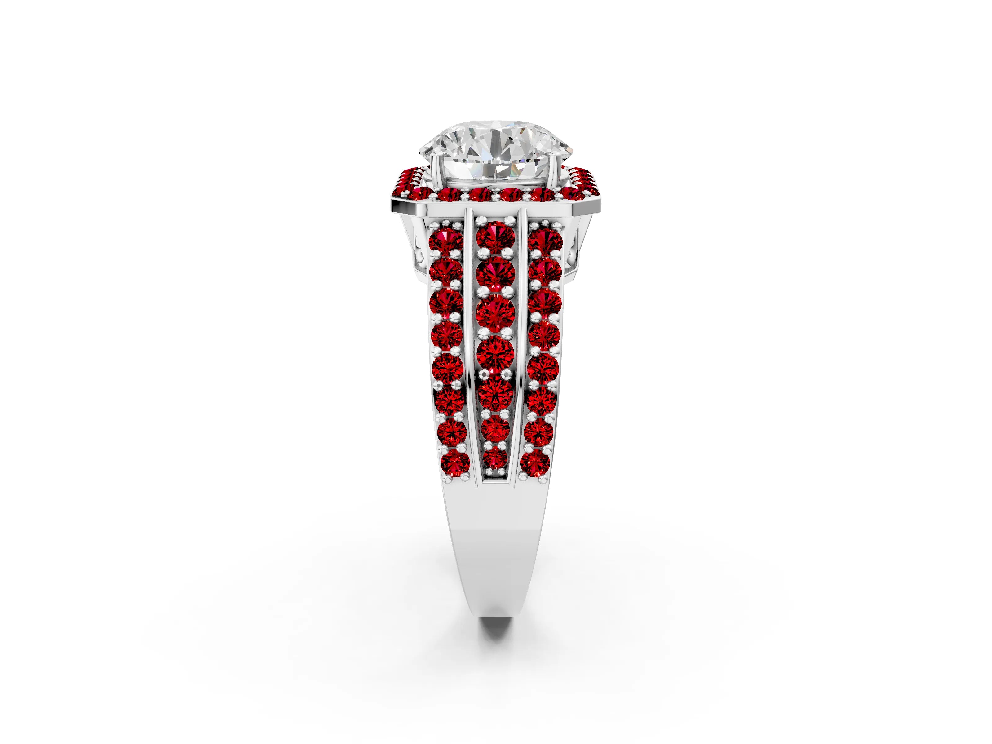 White gold Round Cut Halo Diamond Ring with Round with Ruby side stone Split Shank and Prong Setting_8