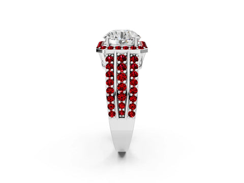 White gold Round Cut Halo Diamond Ring with Round with Ruby side stone Split Shank and Prong Setting_8