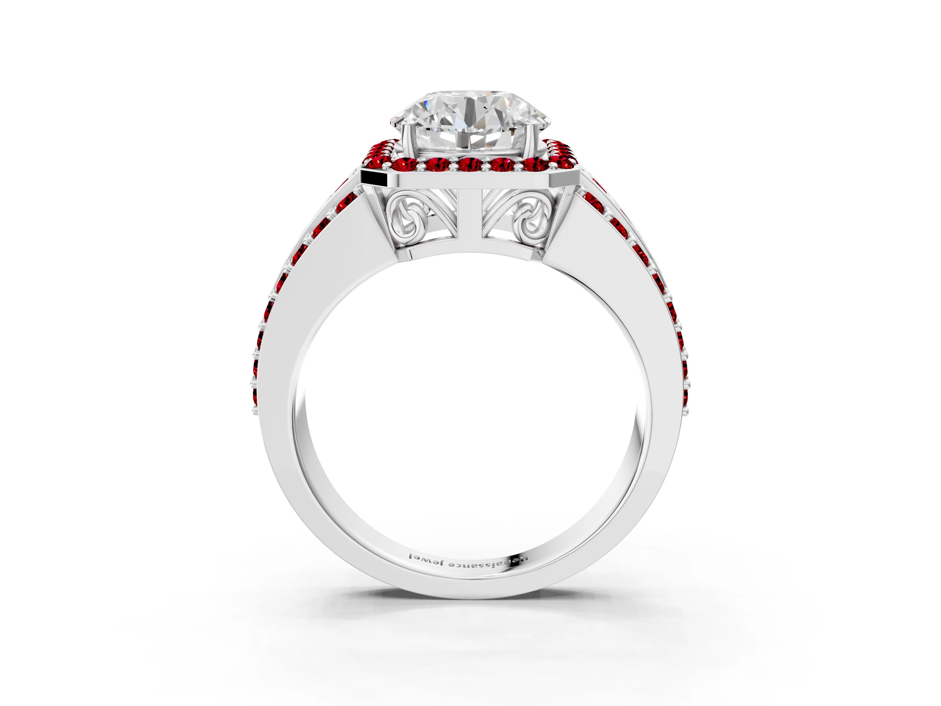 White gold Round Cut Halo Diamond Ring with Round with Ruby side stone Split Shank and Prong Setting_9