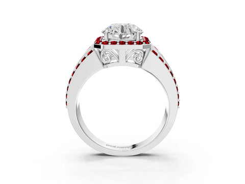 White gold Round Cut Halo Diamond Ring with Round with Ruby side stone Split Shank and Prong Setting_9