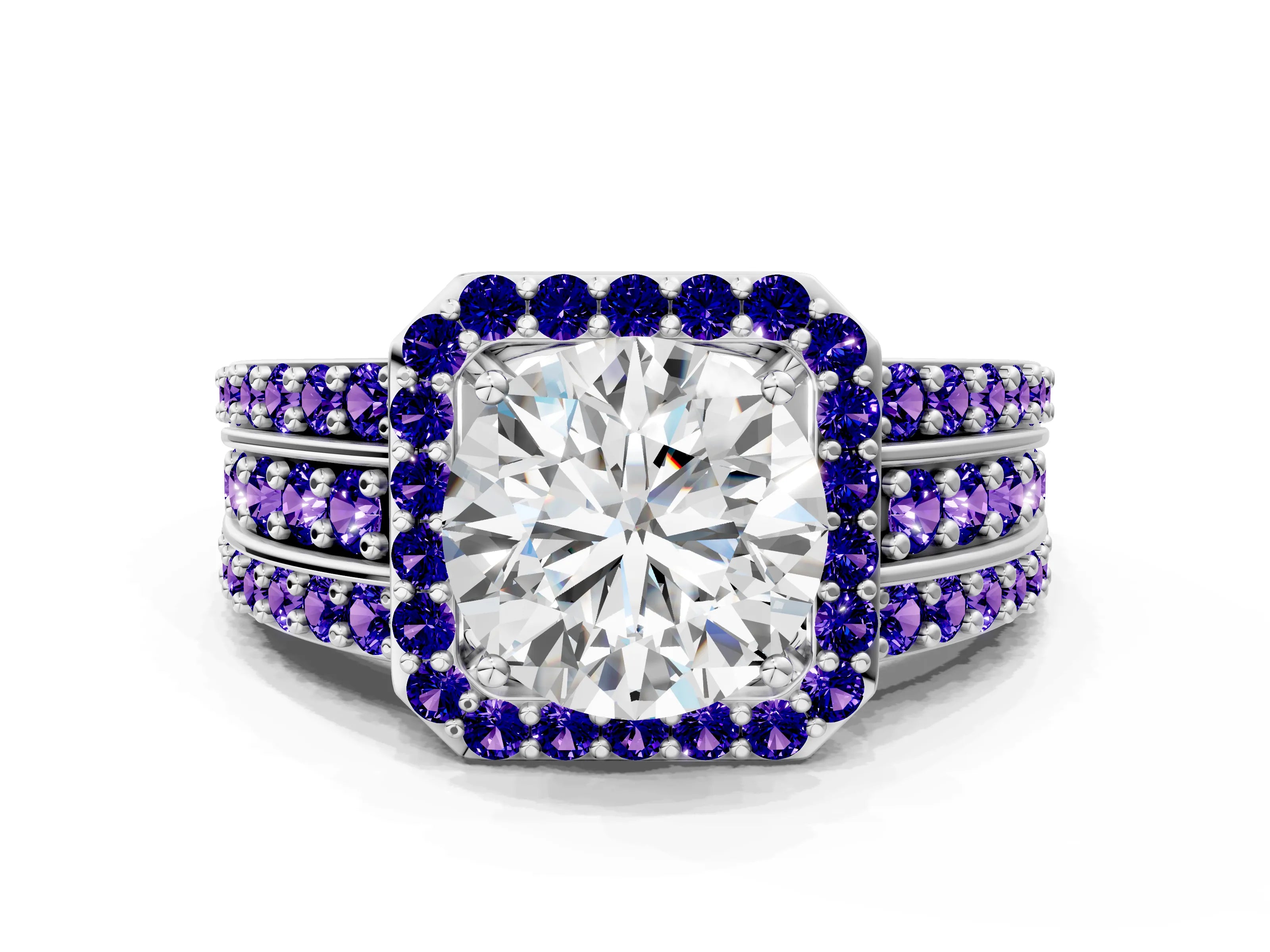 White gold Round Cut Halo Diamond Ring with Round with Tanzanite side stone Split Shank and Prong Setting_78