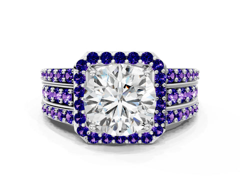 White gold Round Cut Halo Diamond Ring with Round with Tanzanite side stone Split Shank and Prong Setting_78