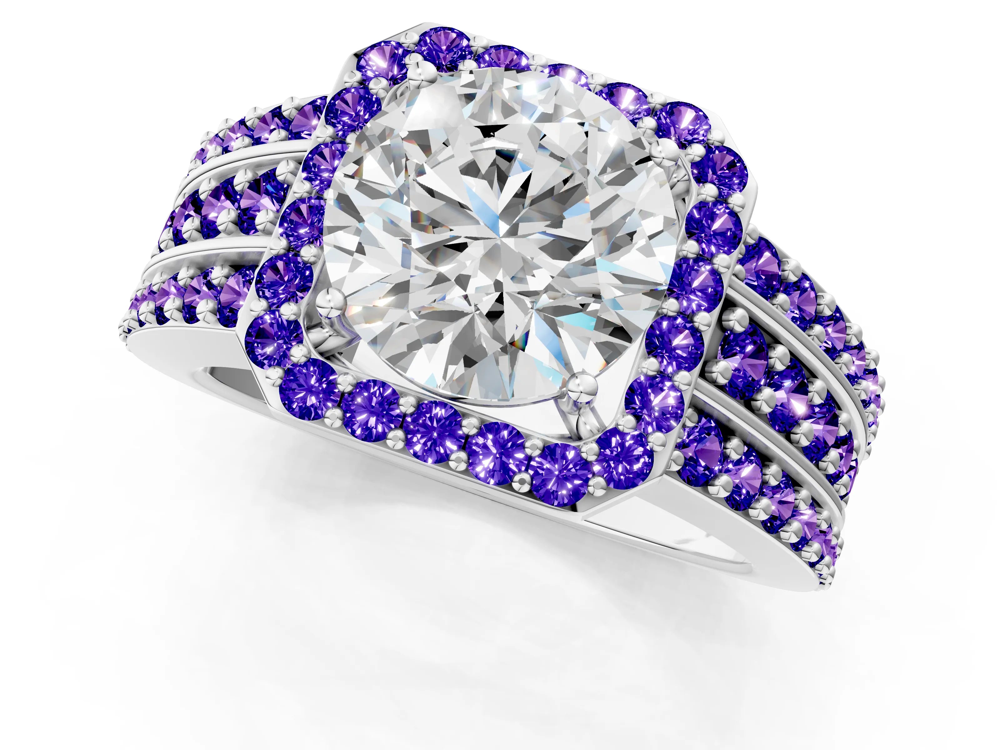 White gold Round Cut Halo Diamond Ring with Round with Tanzanite side stone Split Shank and Prong Setting_79