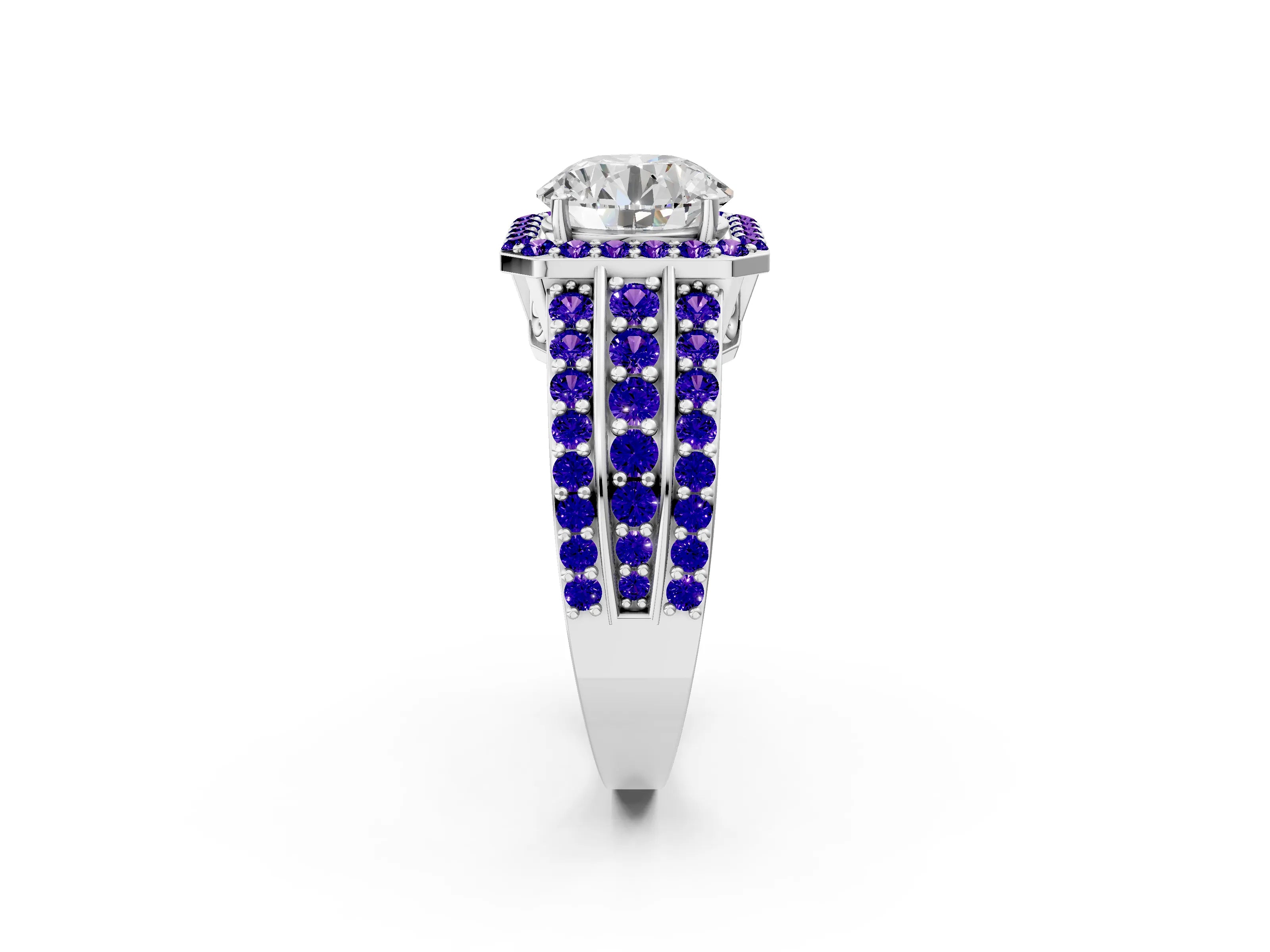 White gold Round Cut Halo Diamond Ring with Round with Tanzanite side stone Split Shank and Prong Setting_80