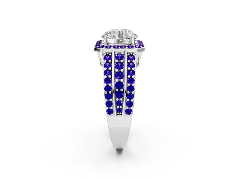 White gold Round Cut Halo Diamond Ring with Round with Tanzanite side stone Split Shank and Prong Setting_80