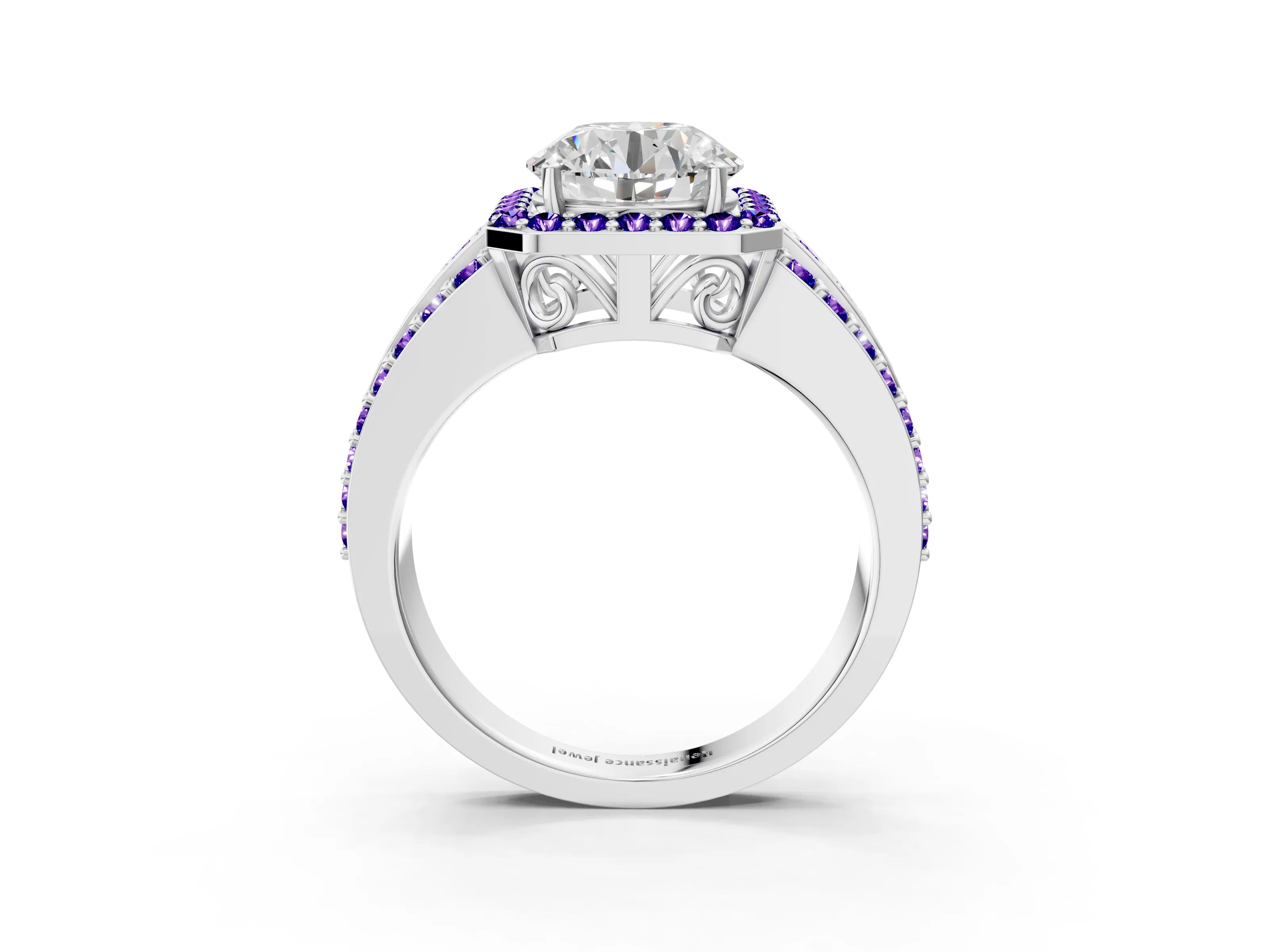 White gold Round Cut Halo Diamond Ring with Round with Tanzanite side stone Split Shank and Prong Setting_81