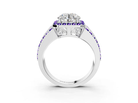 White gold Round Cut Halo Diamond Ring with Round with Tanzanite side stone Split Shank and Prong Setting_81
