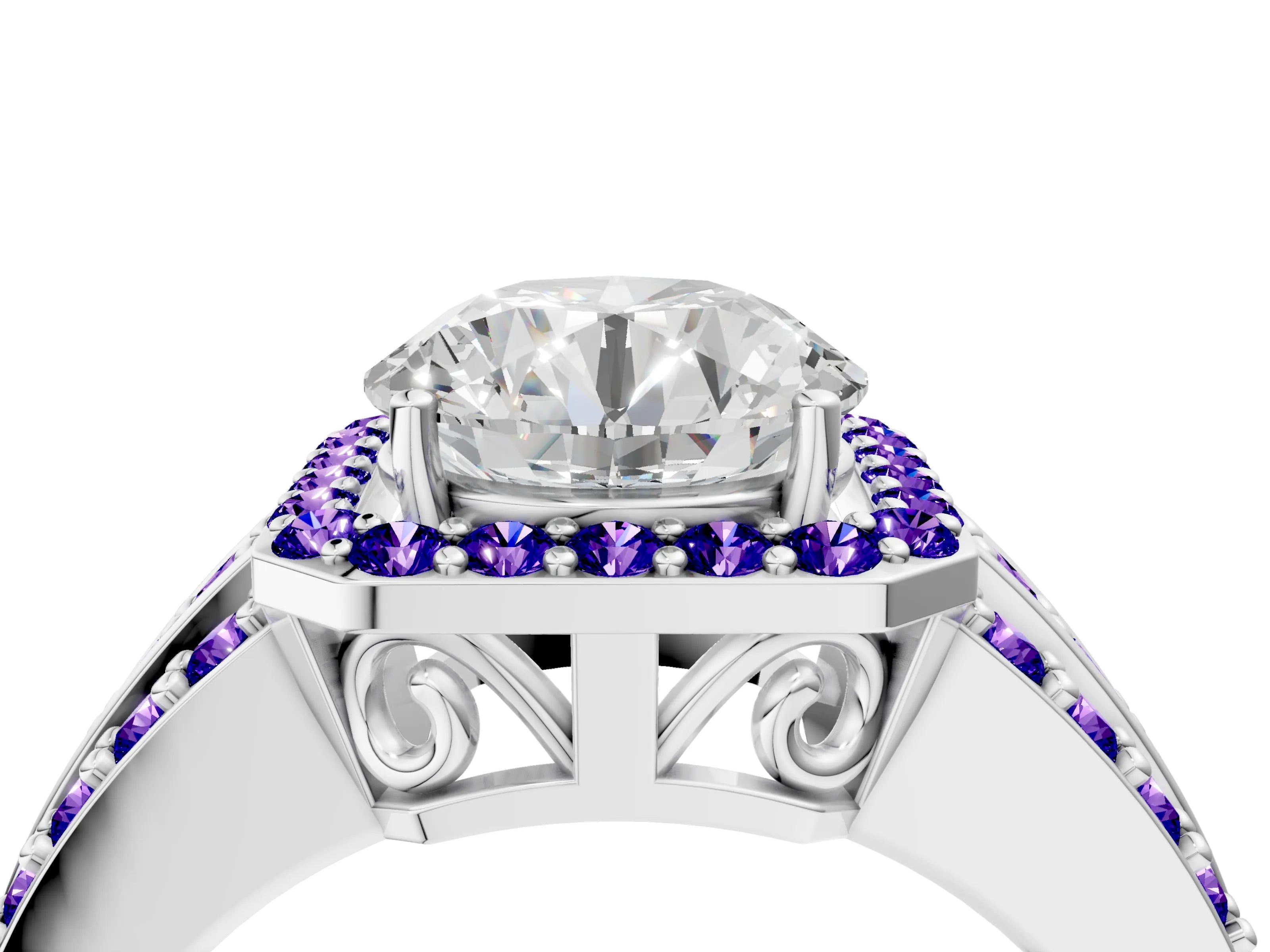 White gold Round Cut Halo Diamond Ring with Round with Tanzanite side stone Split Shank and Prong Setting_82