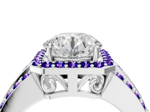 White gold Round Cut Halo Diamond Ring with Round with Tanzanite side stone Split Shank and Prong Setting_82