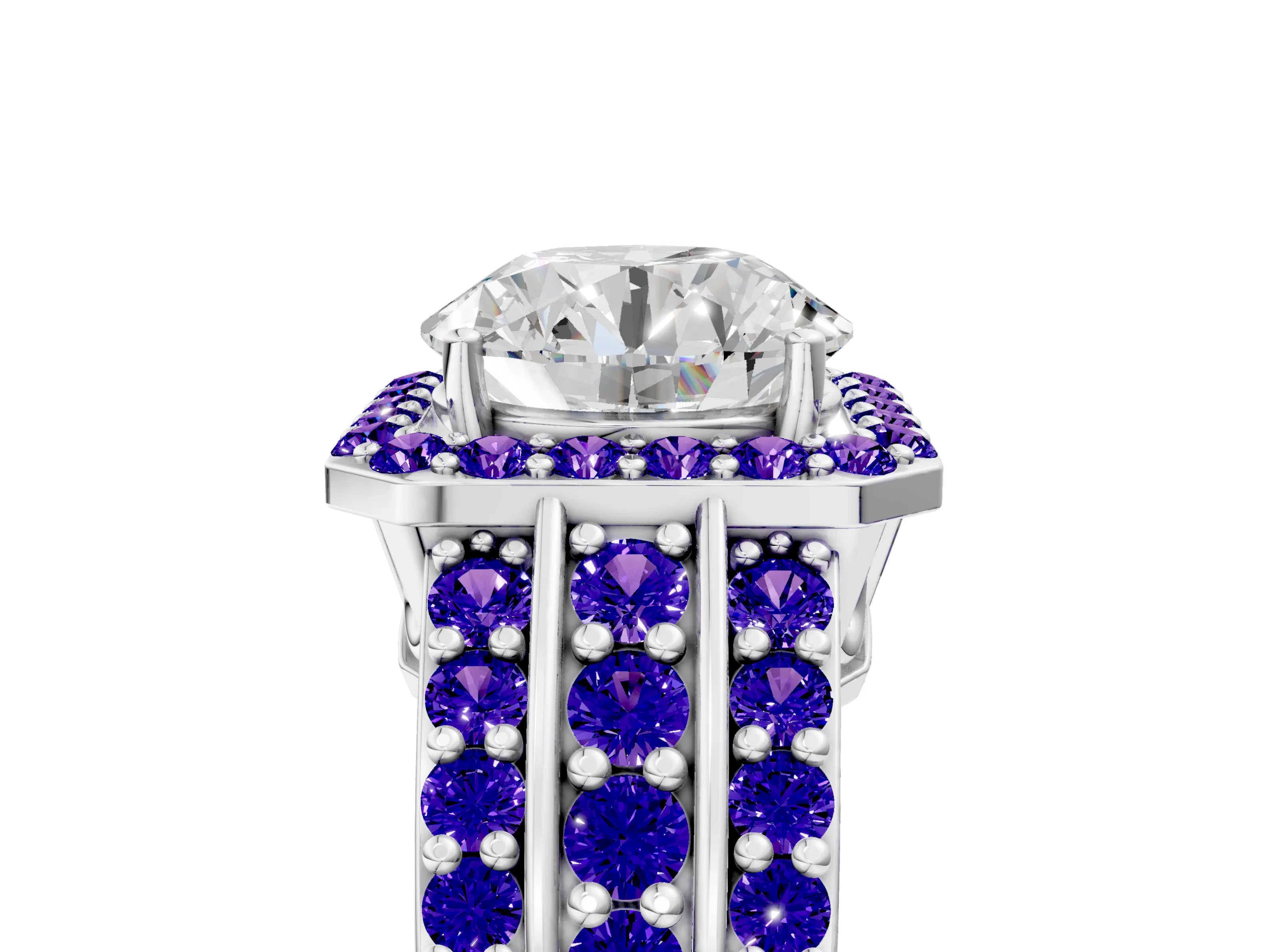 White gold Round Cut Halo Diamond Ring with Round with Tanzanite side stone Split Shank and Prong Setting_83