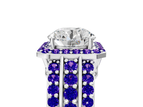 White gold Round Cut Halo Diamond Ring with Round with Tanzanite side stone Split Shank and Prong Setting_83