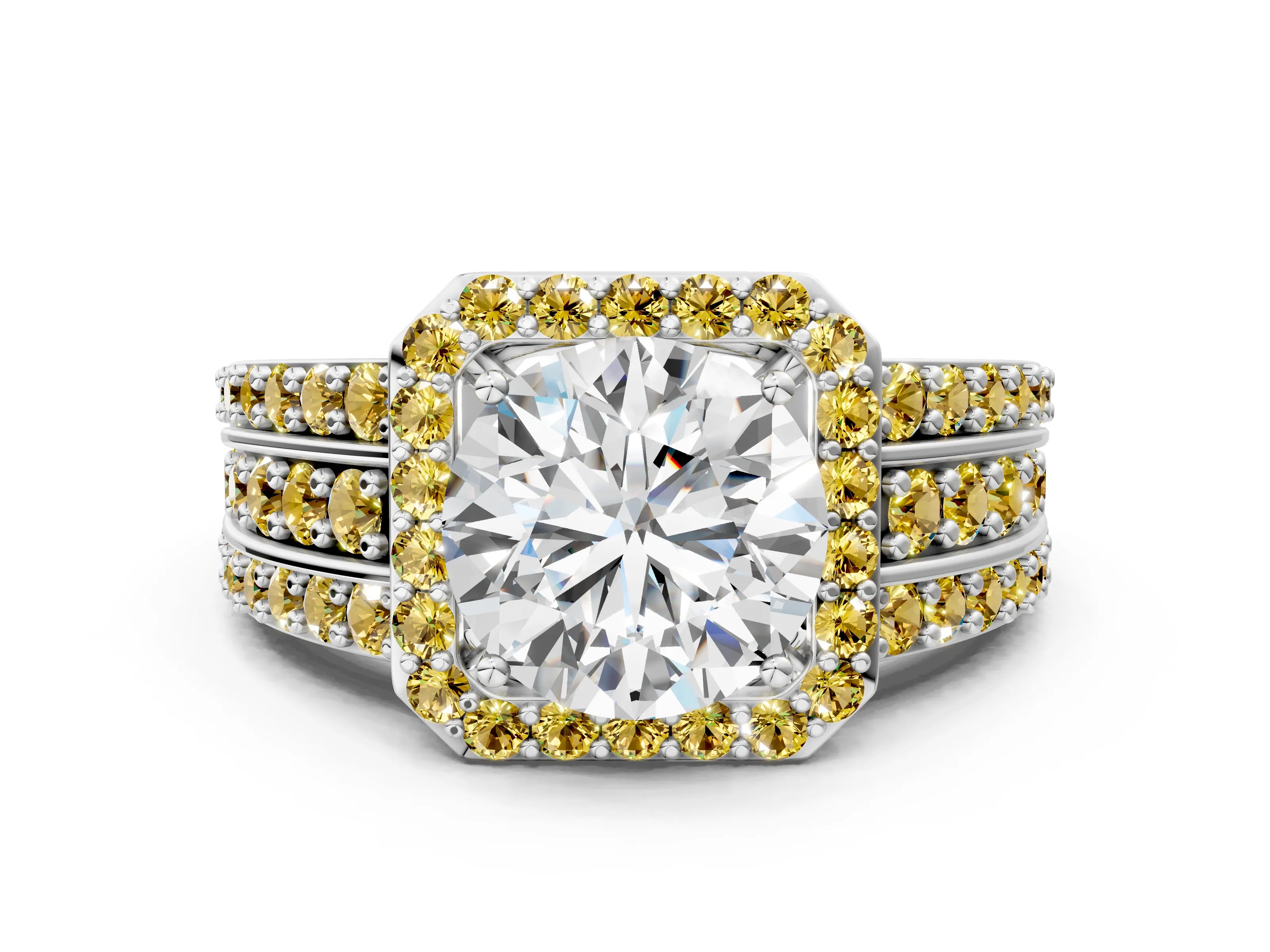 White gold Round Cut Halo Diamond Ring with Round with Yellow Sapphire side stone Split Shank and Prong Setting_24