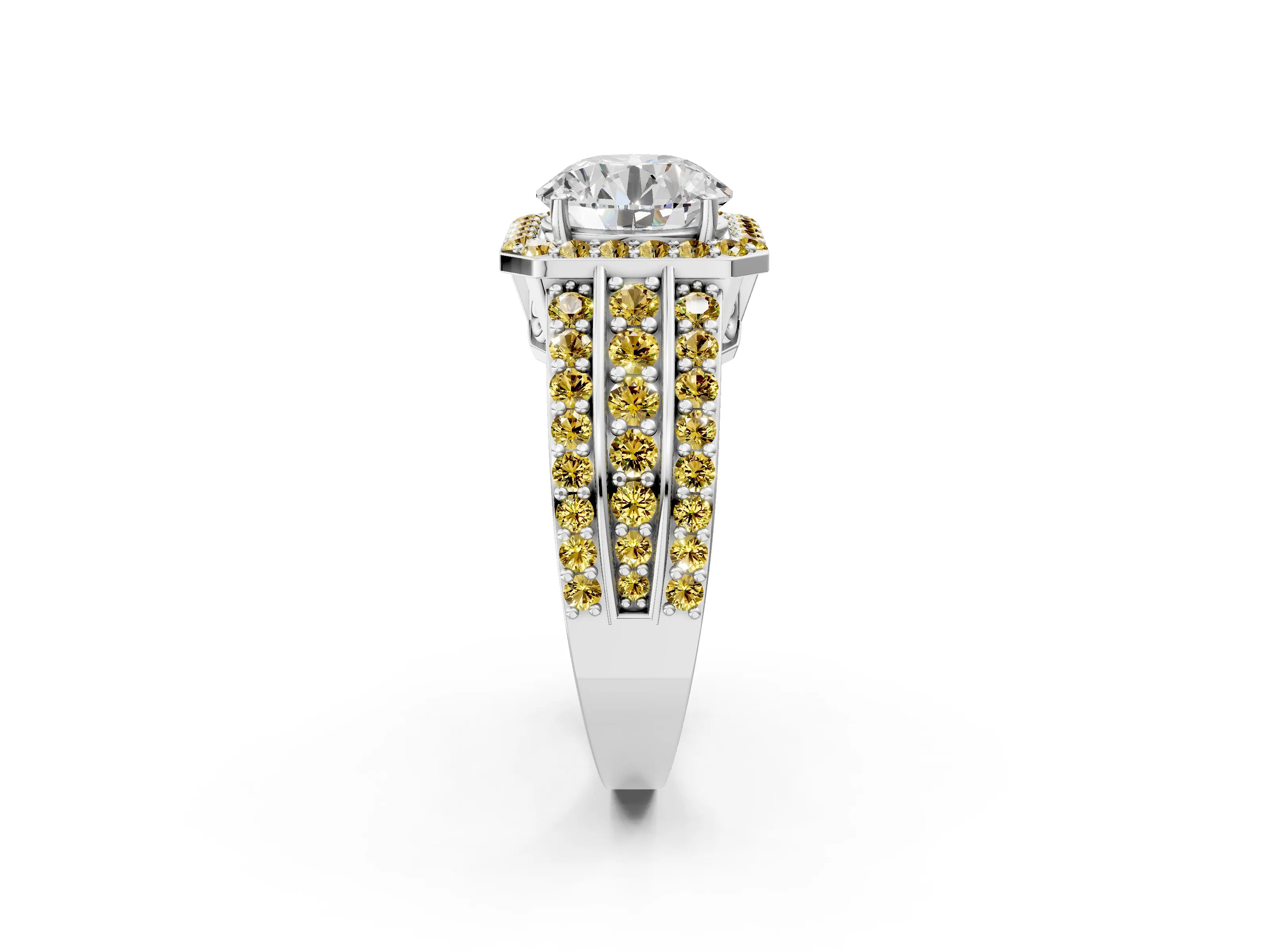 White gold Round Cut Halo Diamond Ring with Round with Yellow Sapphire side stone Split Shank and Prong Setting_26