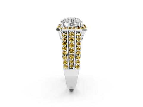 White gold Round Cut Halo Diamond Ring with Round with Yellow Sapphire side stone Split Shank and Prong Setting_26