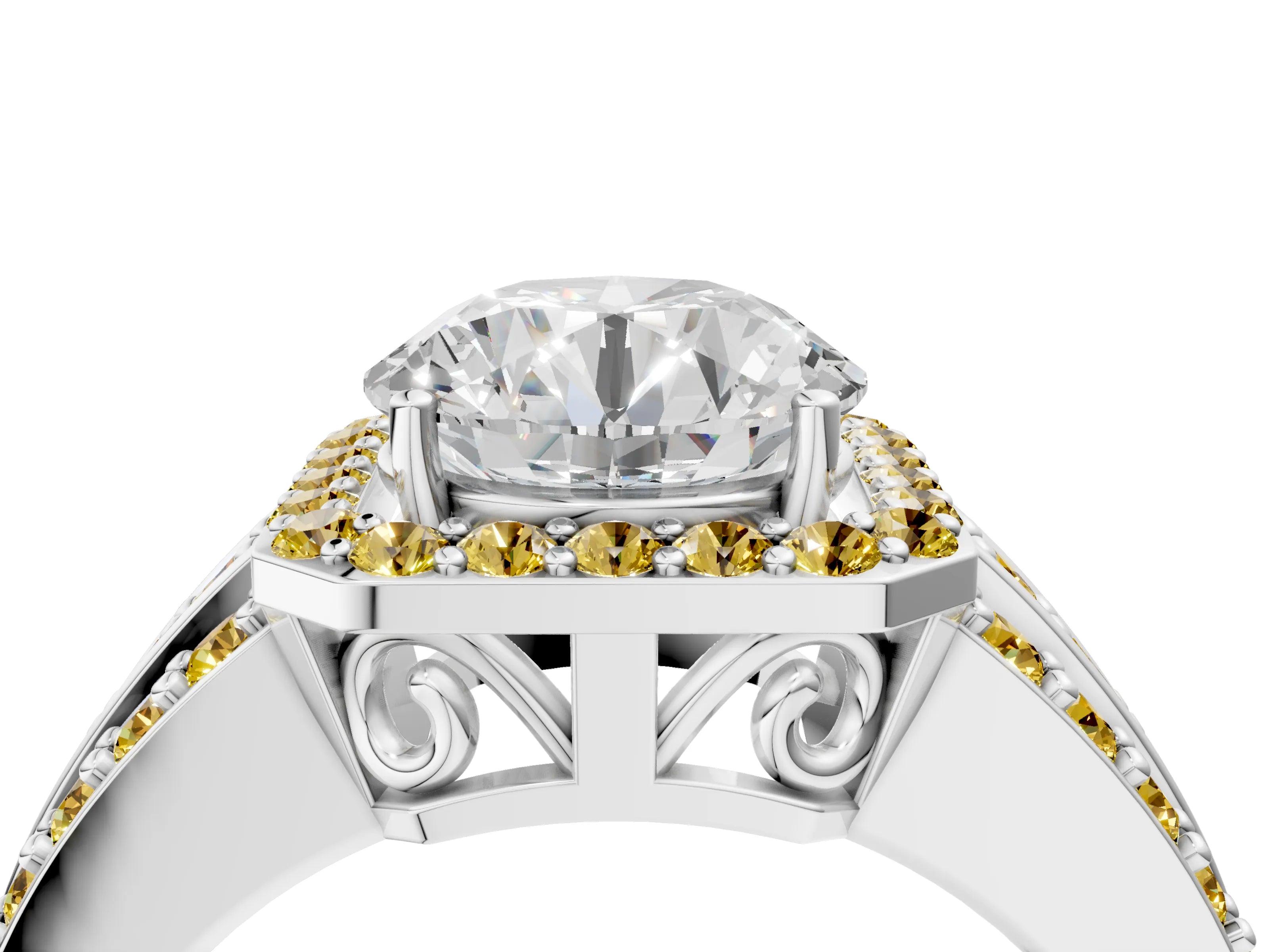 White gold Round Cut Halo Diamond Ring with Round with Yellow Sapphire side stone Split Shank and Prong Setting_28