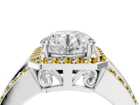 White gold Round Cut Halo Diamond Ring with Round with Yellow Sapphire side stone Split Shank and Prong Setting_28