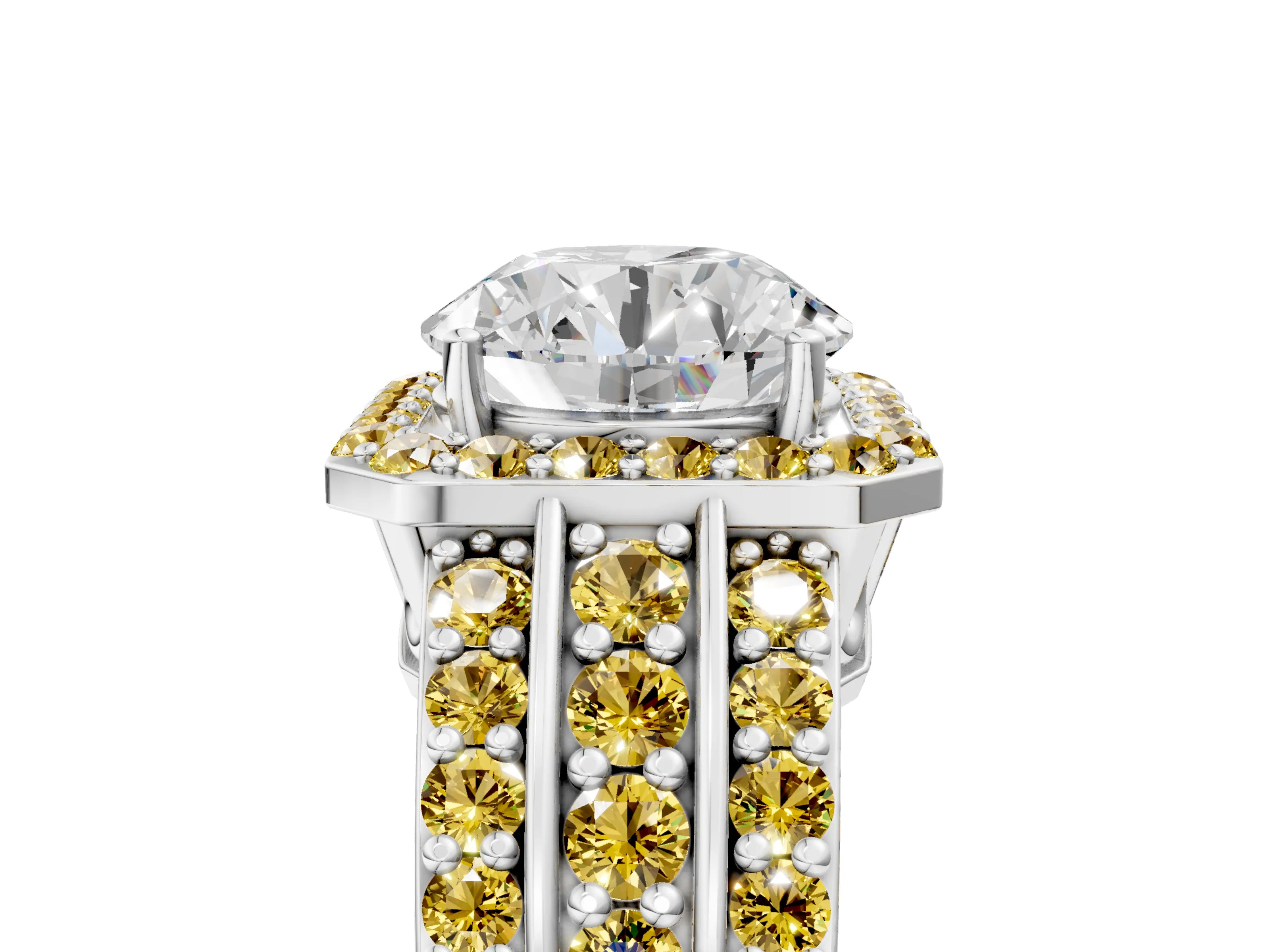 White gold Round Cut Halo Diamond Ring with Round with Yellow Sapphire side stone Split Shank and Prong Setting_29