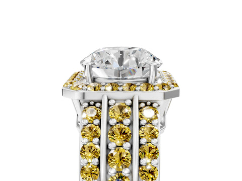White gold Round Cut Halo Diamond Ring with Round with Yellow Sapphire side stone Split Shank and Prong Setting_29