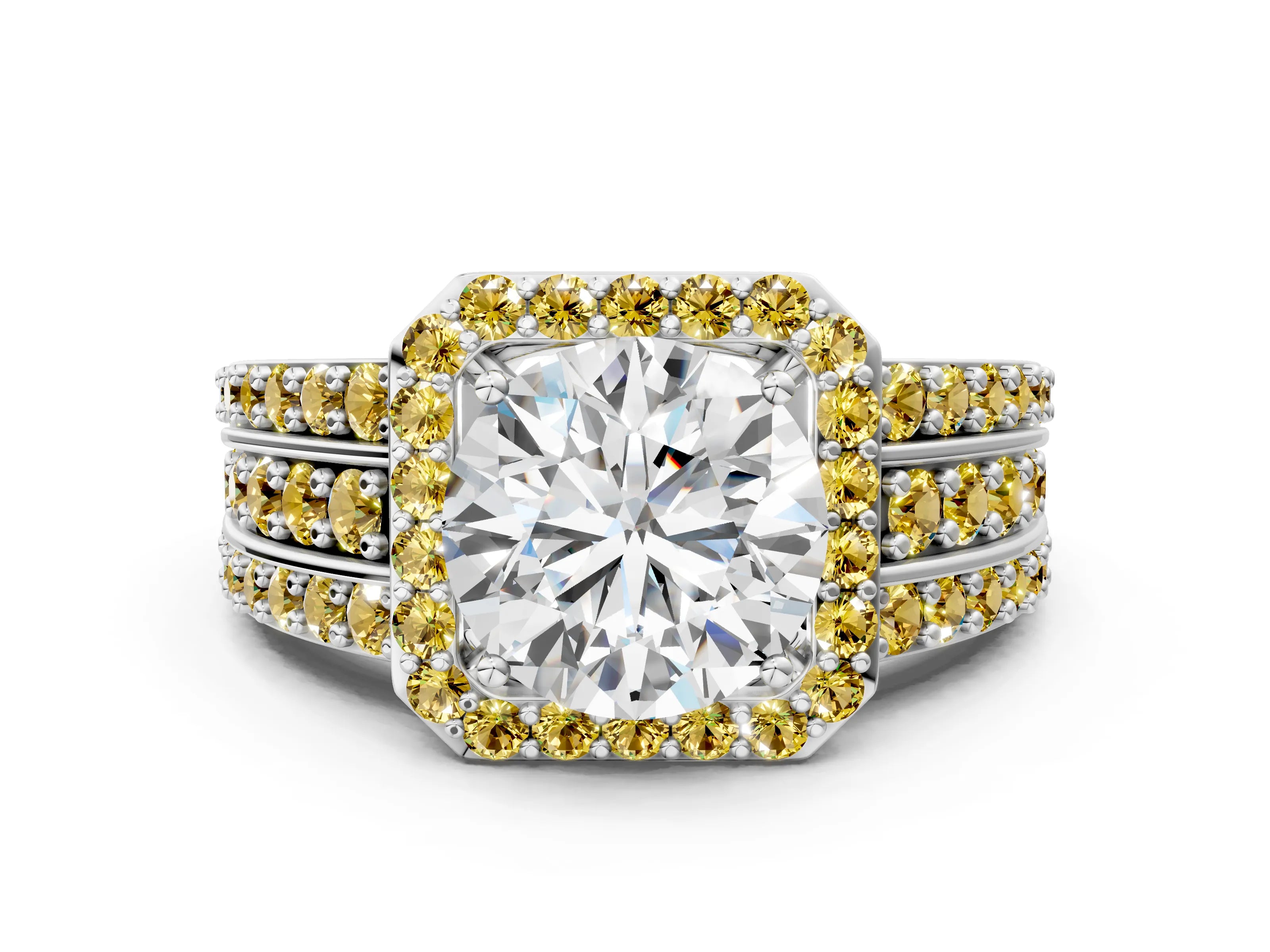 White gold Round Cut Halo Diamond Ring with Round with Yellow Sapphire side stone Split Shank and Prong Setting_54