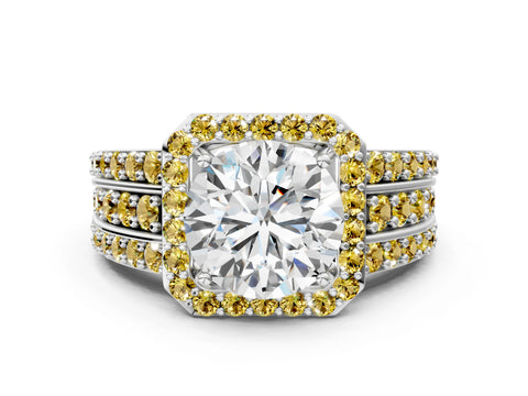 White gold Round Cut Halo Diamond Ring with Round with Yellow Sapphire side stone Split Shank and Prong Setting_54