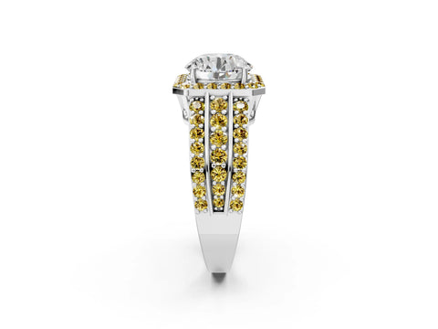 White gold Round Cut Halo Diamond Ring with Round with Yellow Sapphire side stone Split Shank and Prong Setting_56