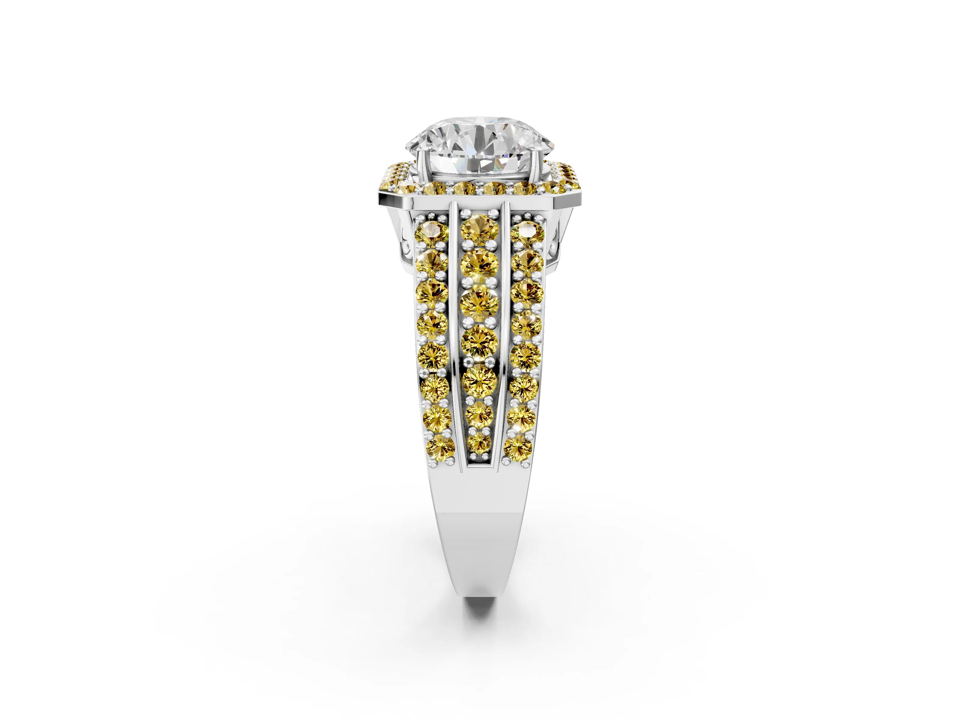 White gold Round Cut Halo Diamond Ring with Round with Yellow Sapphire side stone Split Shank and Prong Setting_56