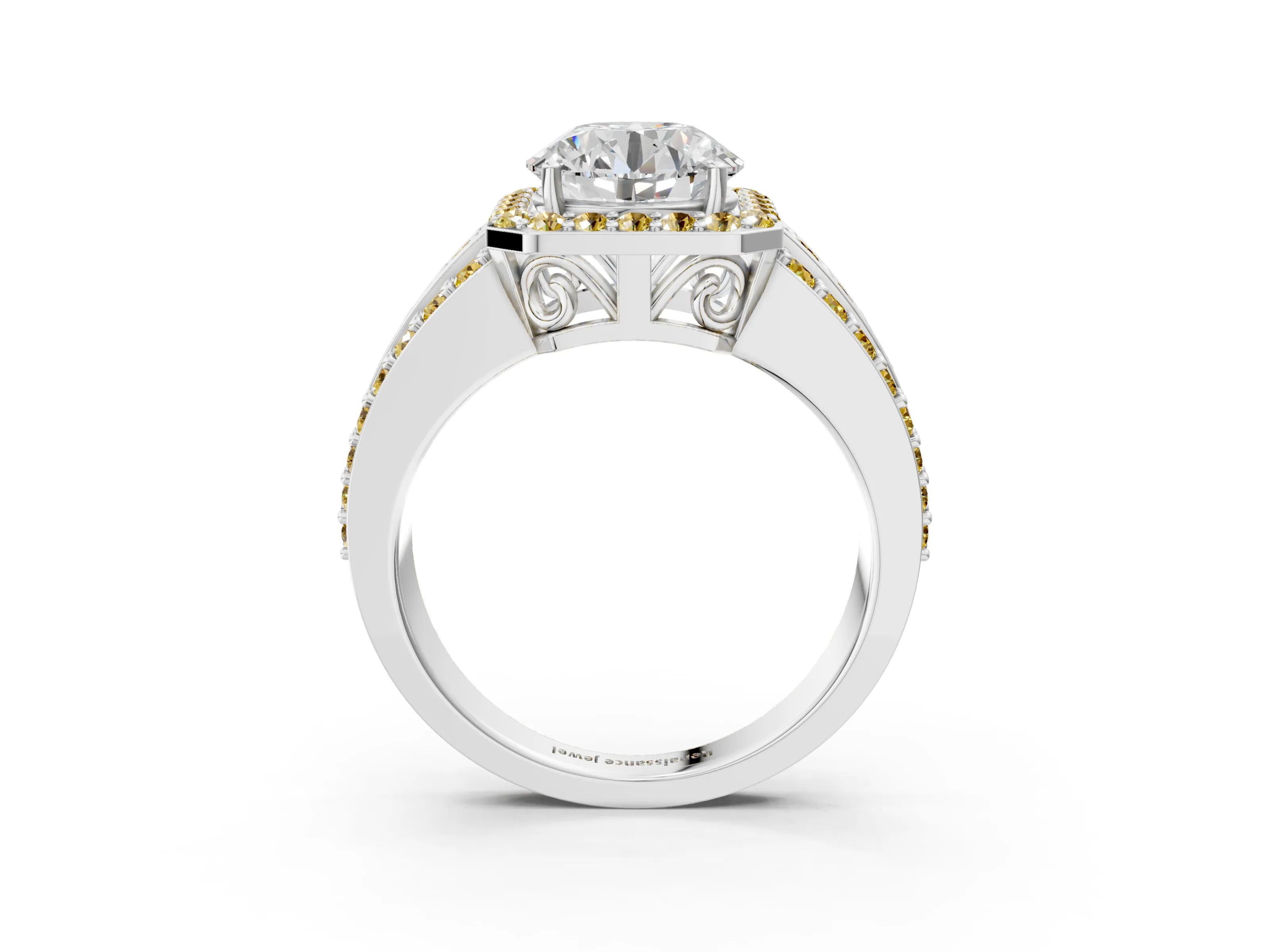 White gold Round Cut Halo Diamond Ring with Round with Yellow Sapphire side stone Split Shank and Prong Setting_57