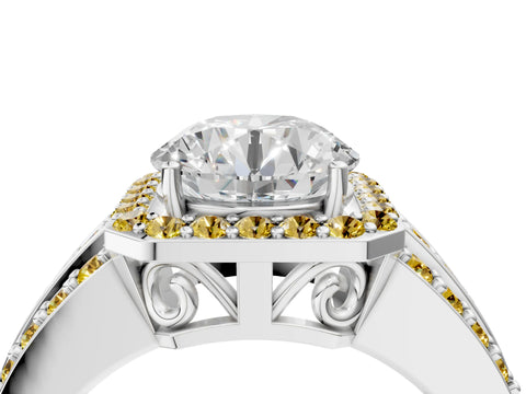 White gold Round Cut Halo Diamond Ring with Round with Yellow Sapphire side stone Split Shank and Prong Setting_58