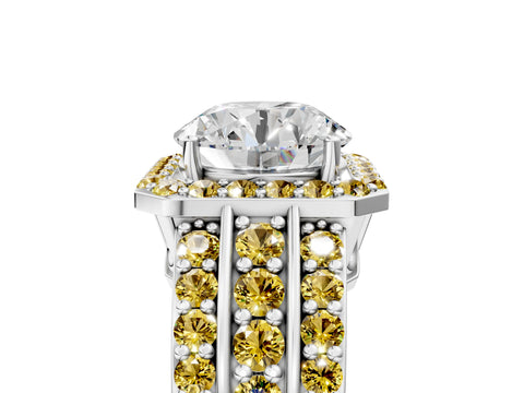 White gold Round Cut Halo Diamond Ring with Round with Yellow Sapphire side stone Split Shank and Prong Setting_59