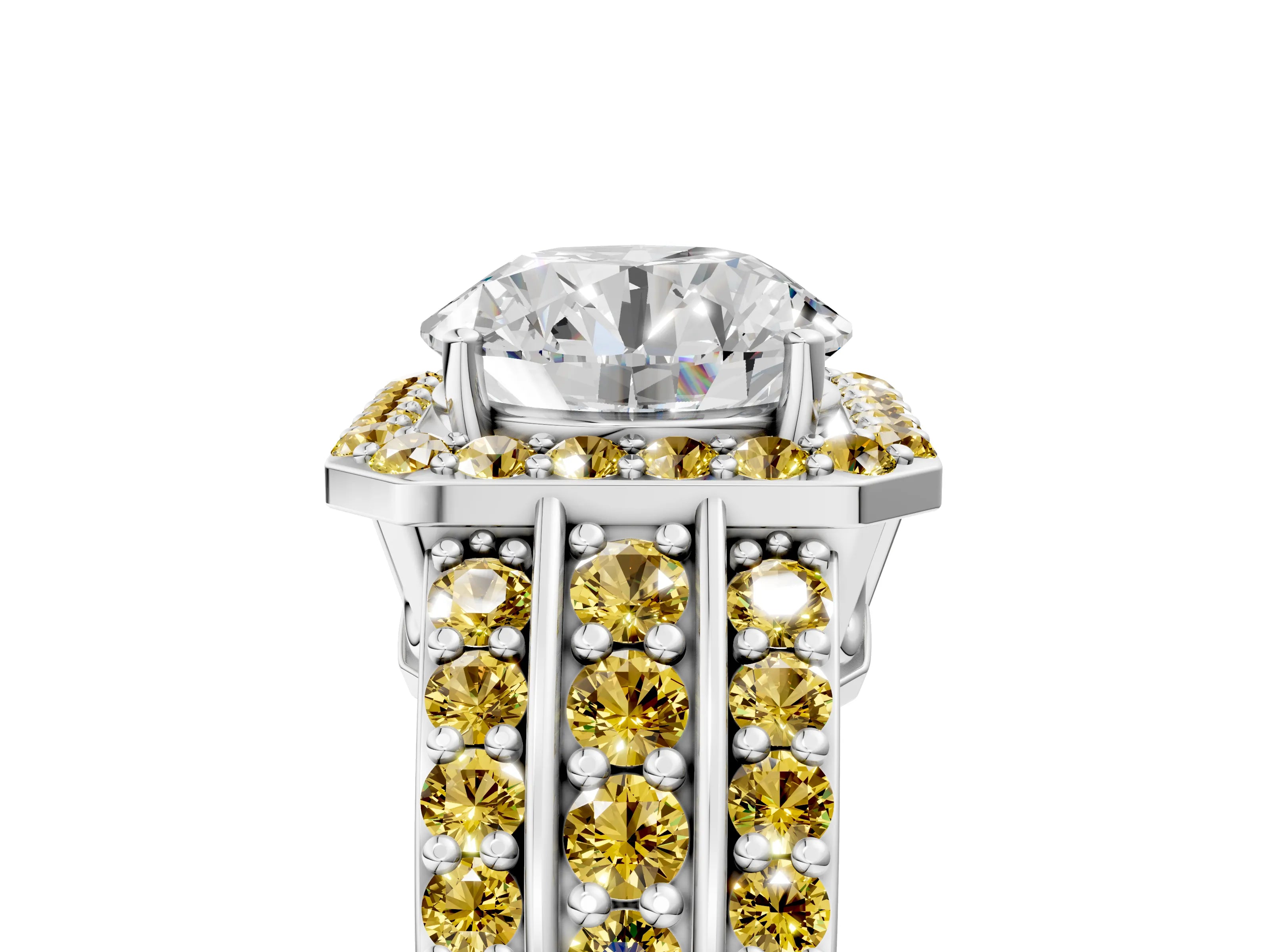 White gold Round Cut Halo Diamond Ring with Round with Yellow Sapphire side stone Split Shank and Prong Setting_59