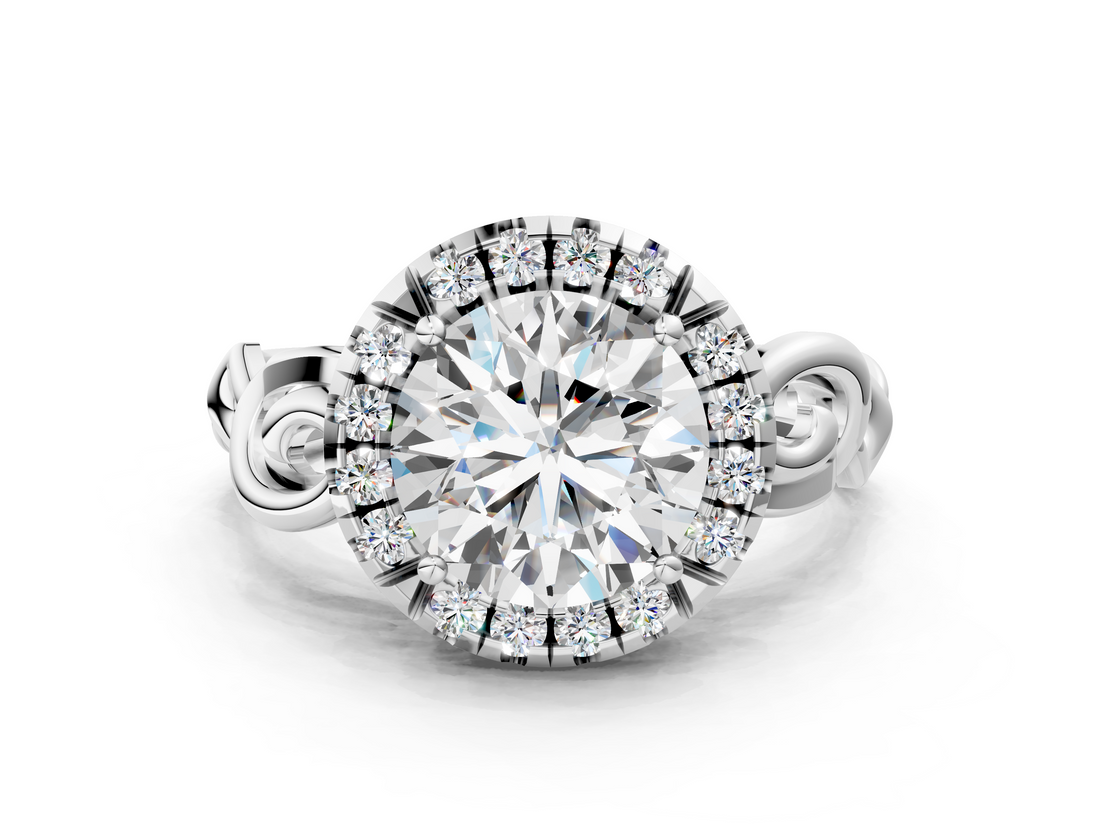 White gold Round Cut Halo Diamond Ring with Scrollwork Band and Four-Prong Setting_109