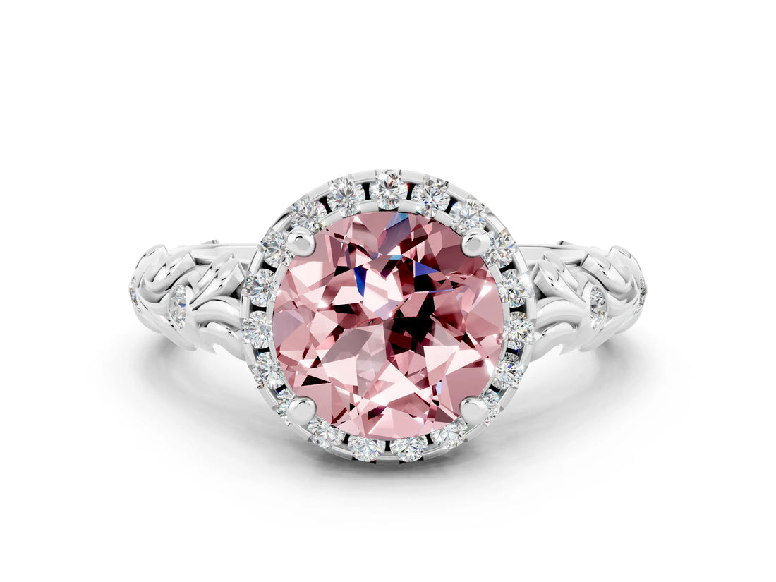 White gold Round Cut Halo Diamond Solitaire with Filigree Band and Four-Prong Setting