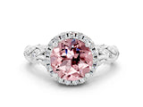 White gold Round Cut Halo Diamond Solitaire with Filigree Band and Four-Prong Setting