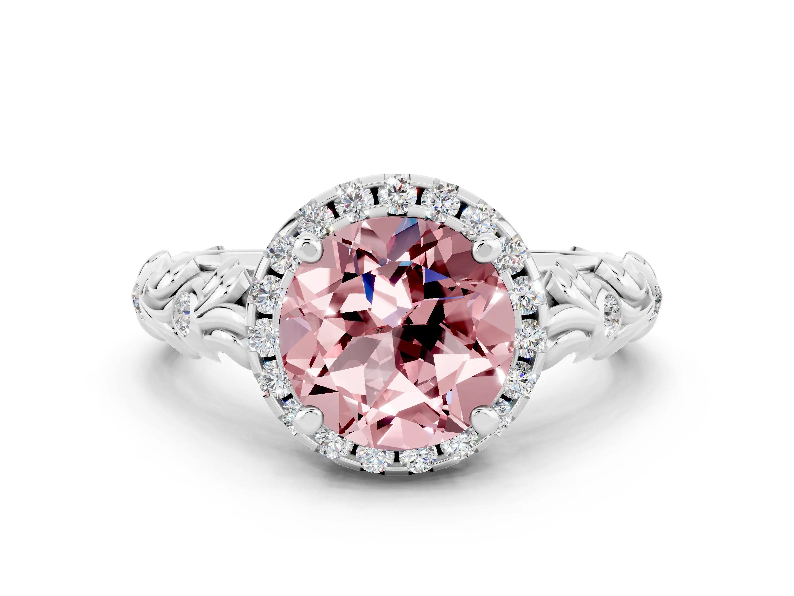 White gold Round Cut Halo Diamond Solitaire with Filigree Band and Four-Prong Setting