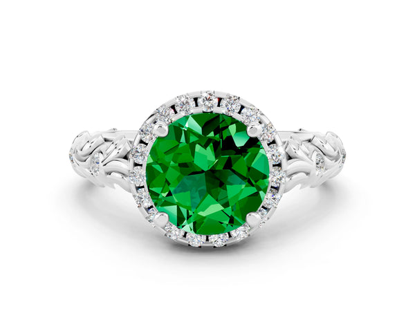 White gold Round Cut Emerald Halo Ring with Filigree Band and Prong Setting